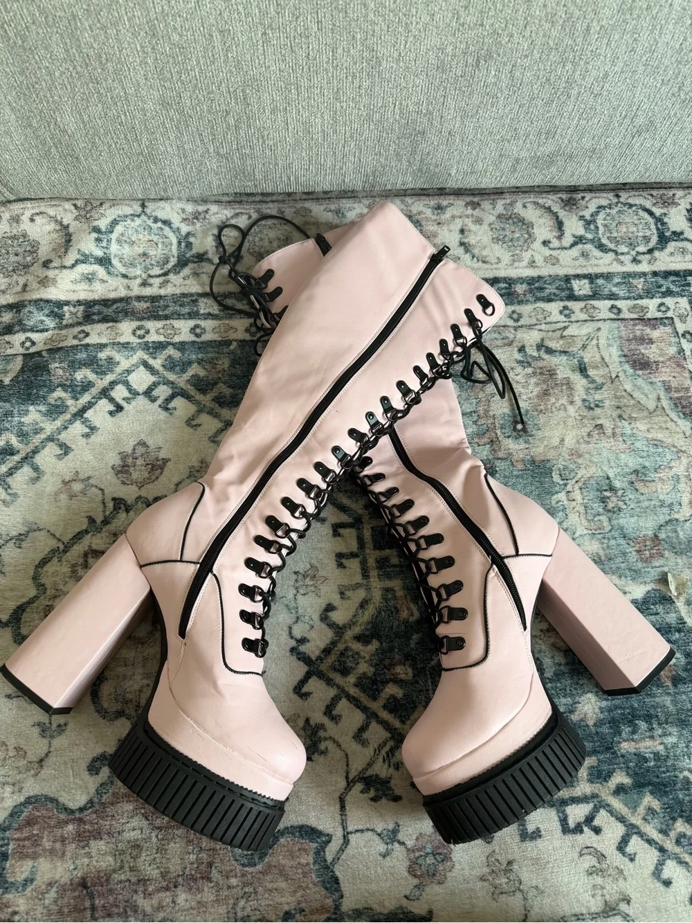 Lamoda Pink Over-the-Knee Lace-Up Platform Boots - Hidden Agenda Creeper
